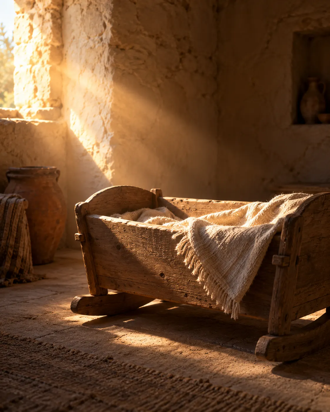 A simple empty wooden cradle in warm morning light.