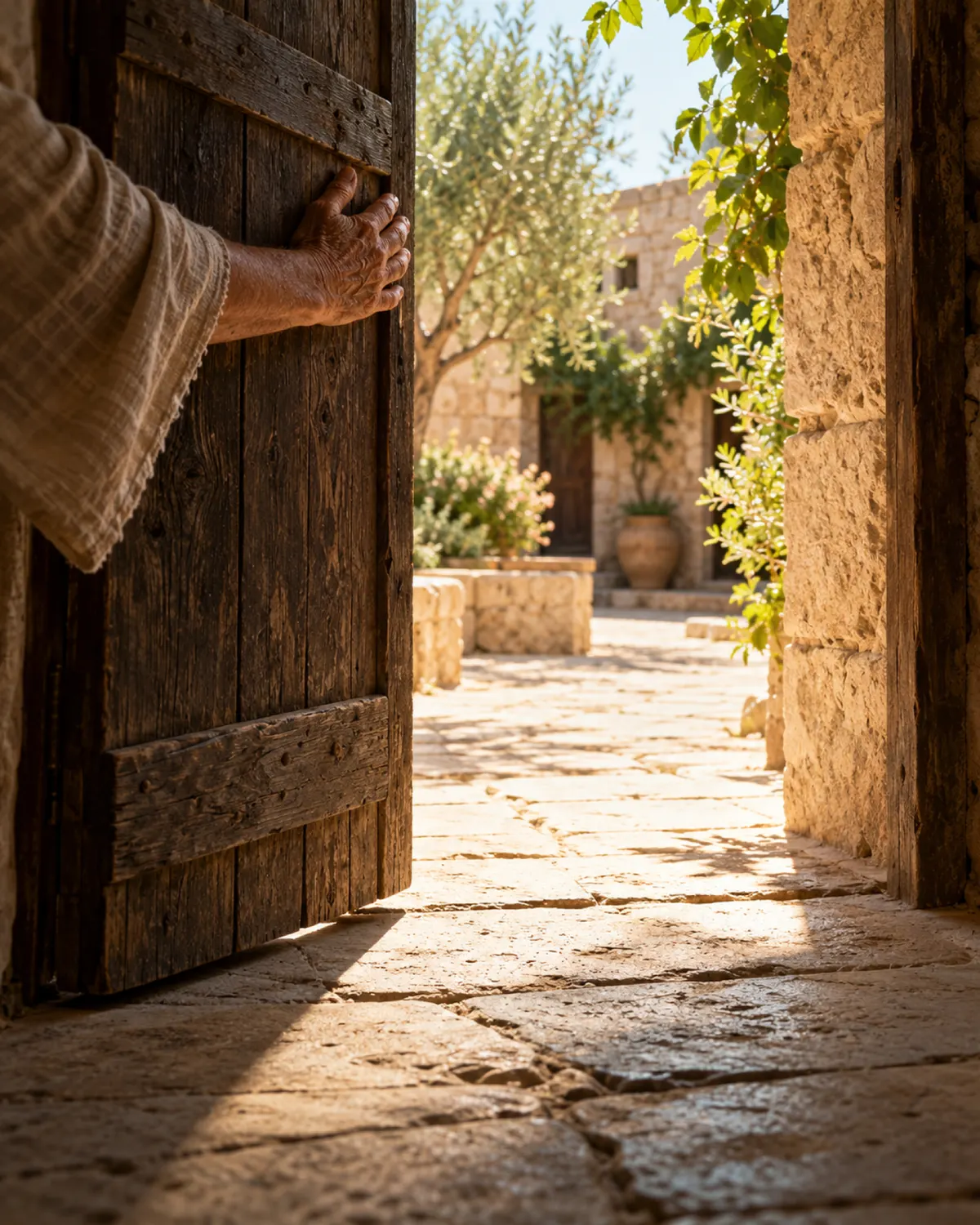 An older woman’s hand opening a weathered wooden door wide to warm light.