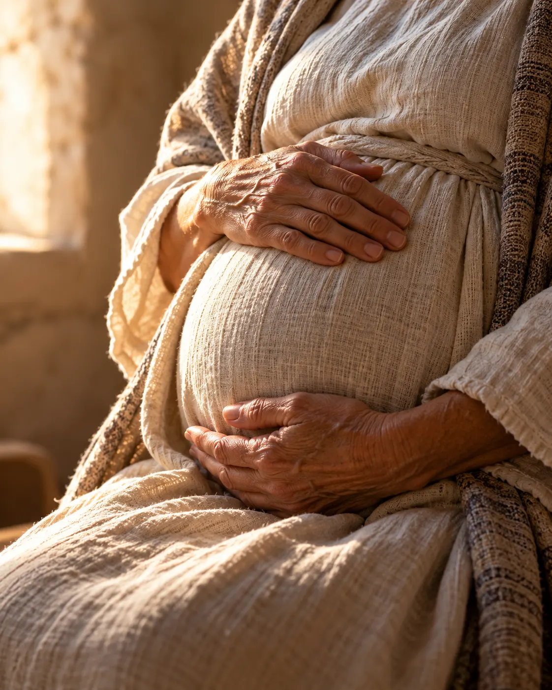 An older woman’s hands resting gently on her pregnant belly over a simple linen garment.