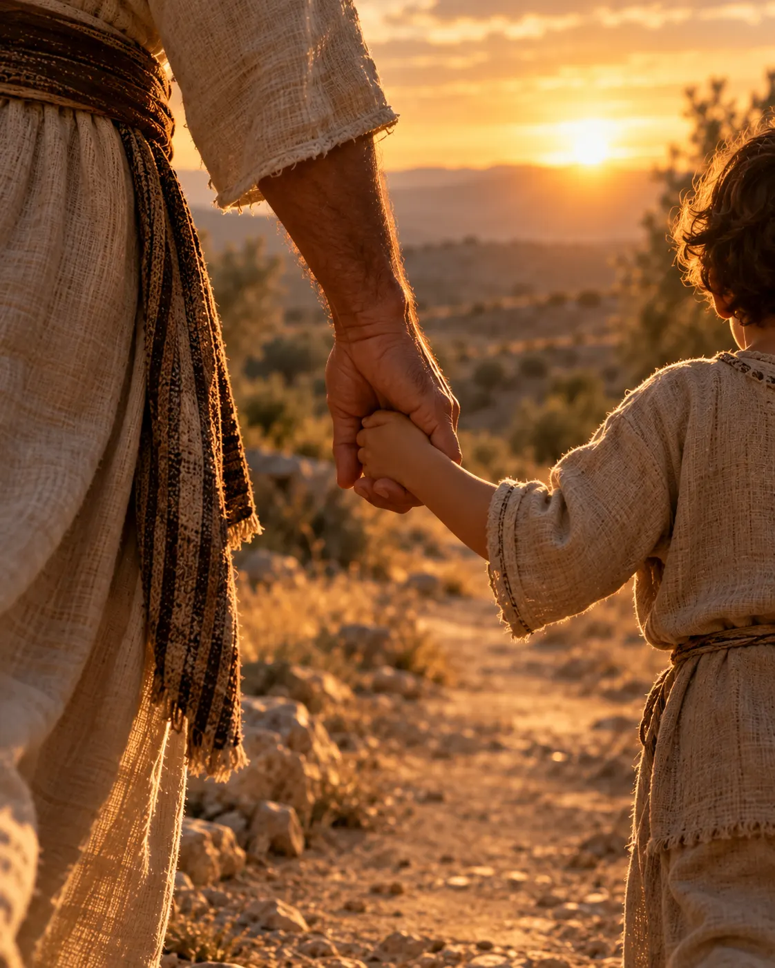 A father’s hand holding a small child’s hand as they walk a path at dusk.