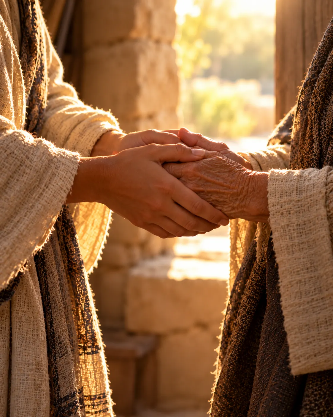 A young woman’s hands and an older woman’s hands clasped together in greeting.
