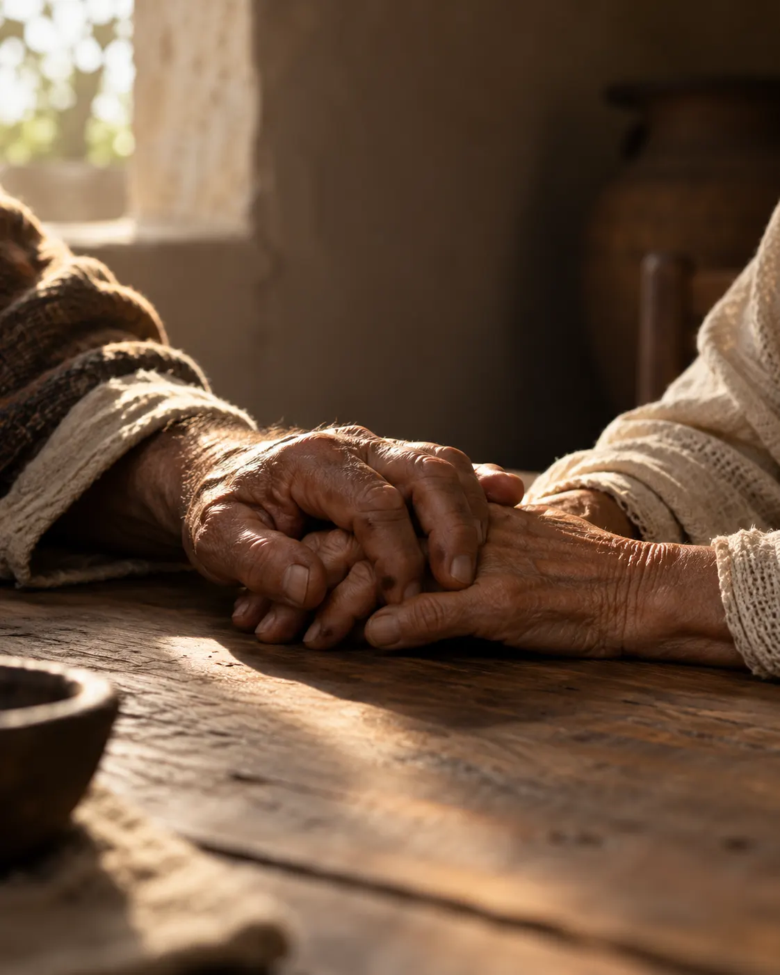 Two weathered, elderly hands gently clasped together in warm window light.