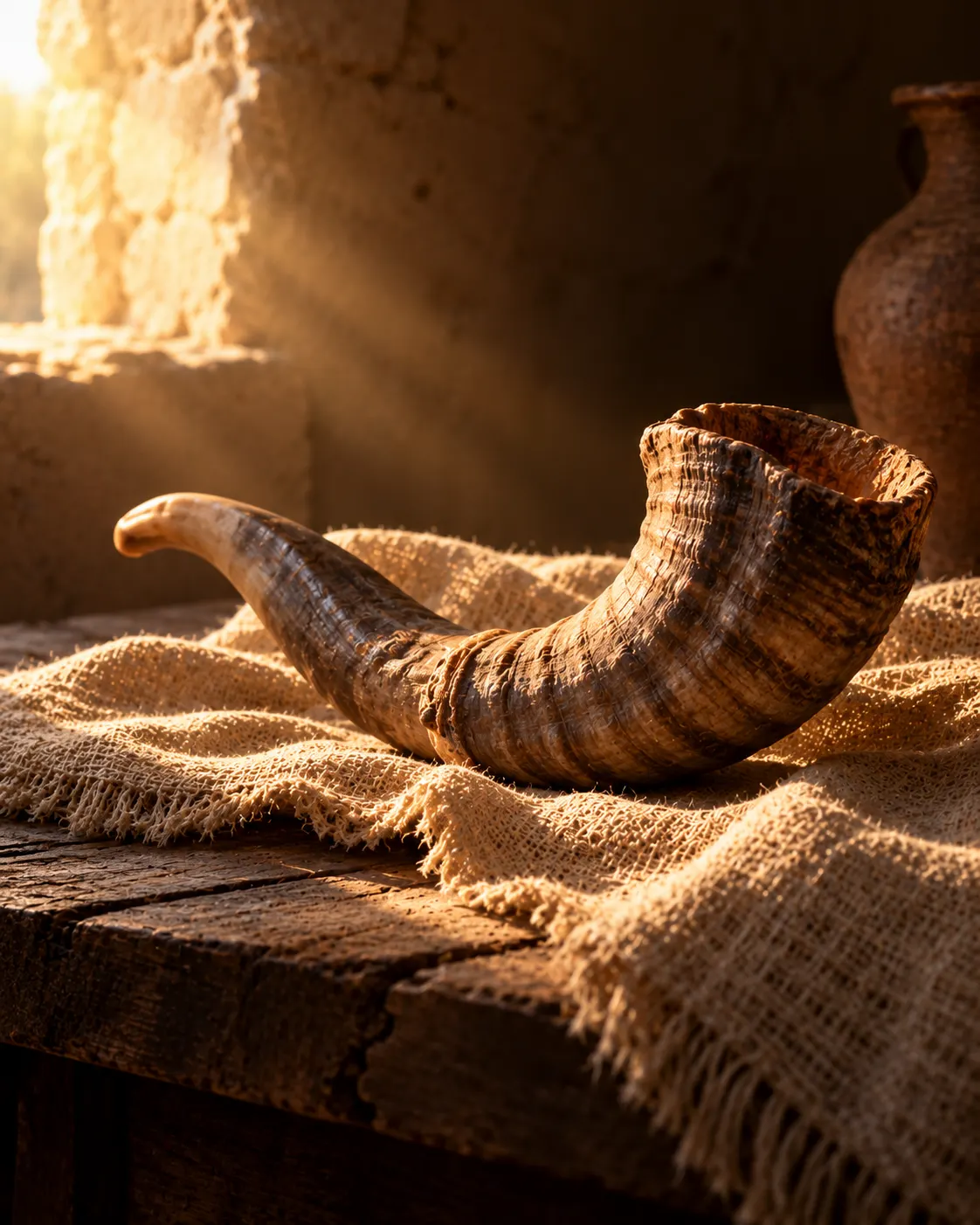 A curved ram’s horn resting on rough linen in low golden light.