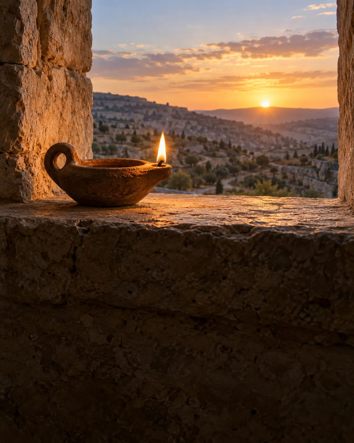 A small clay oil lamp burning steadily on a windowsill at dawn.