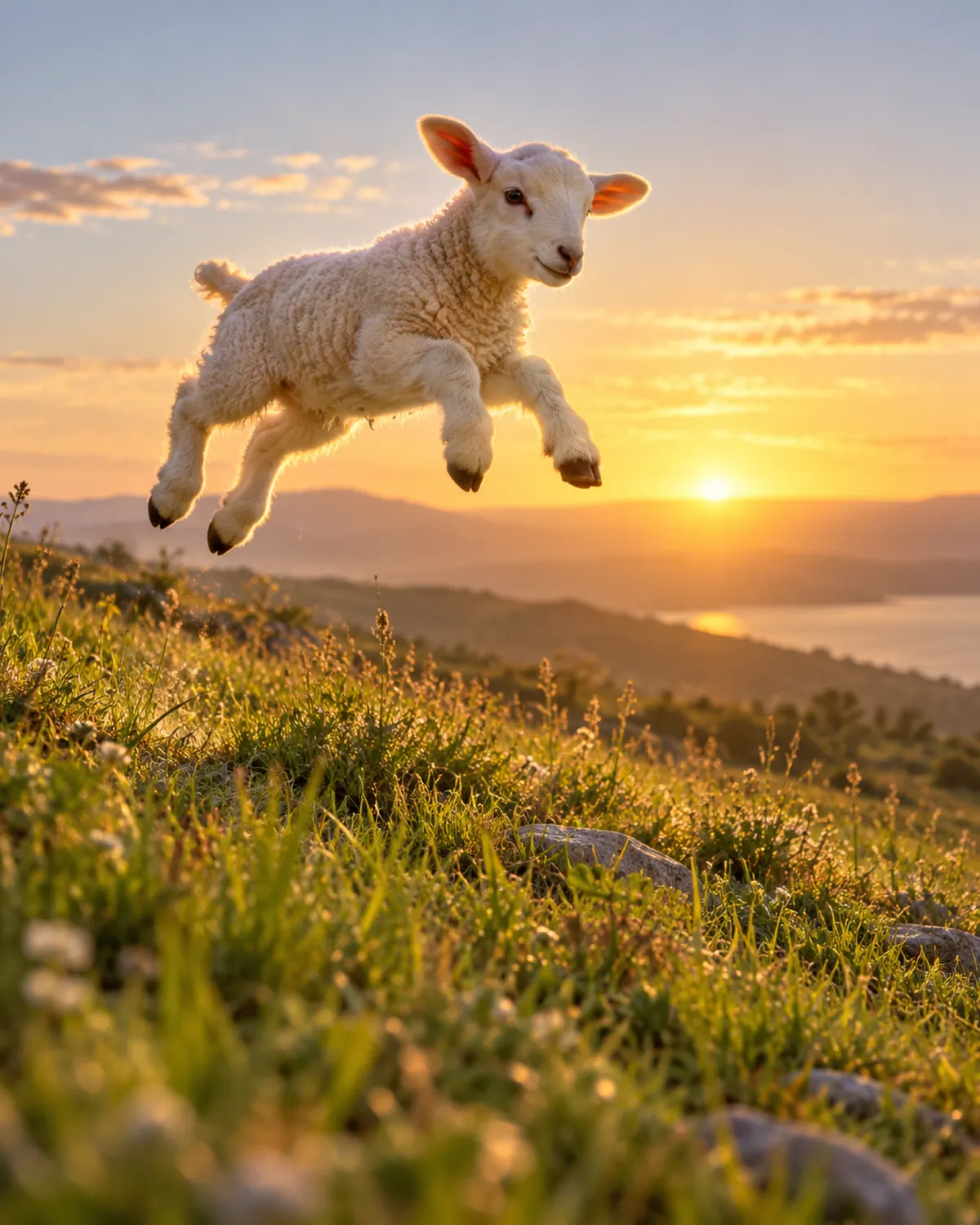 A young lamb leaping in a field at sunrise.