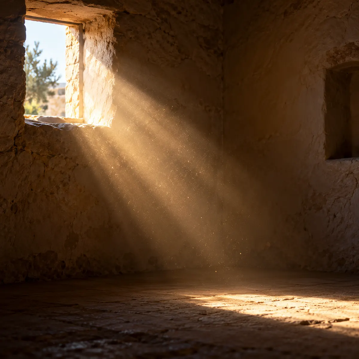 Morning light falling through a small window into a plain stone room.