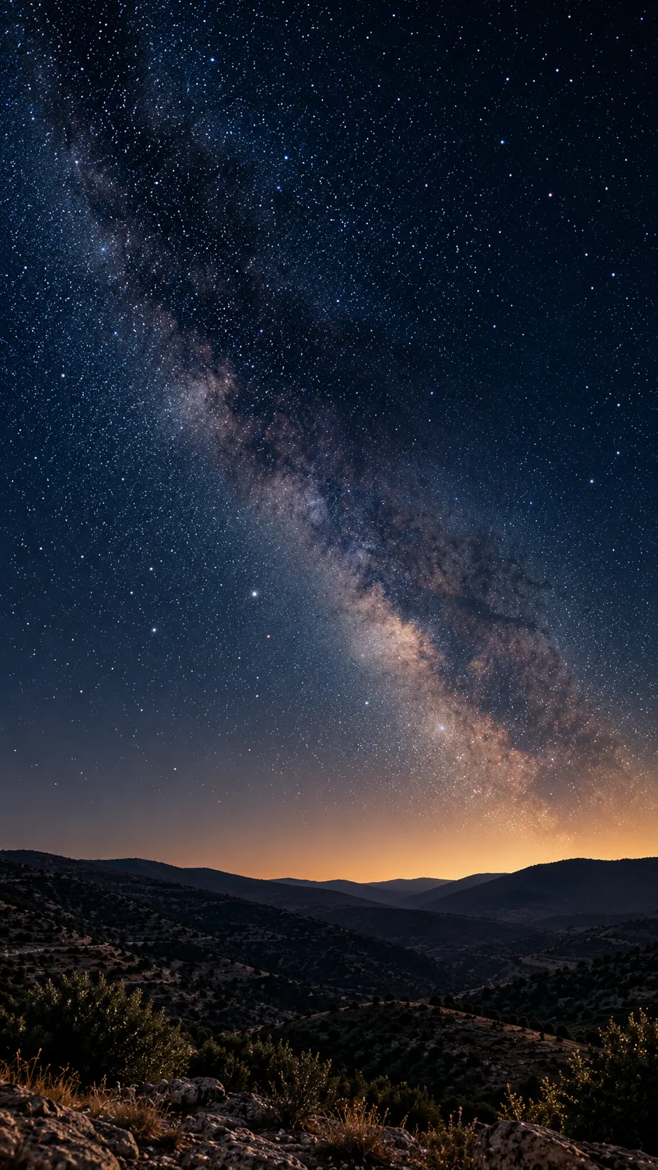 A vast night sky filled with stars above dark hills.