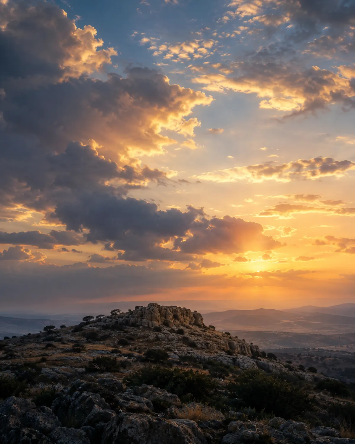 Light breaking through clouds above a hilltop under a vast sky.