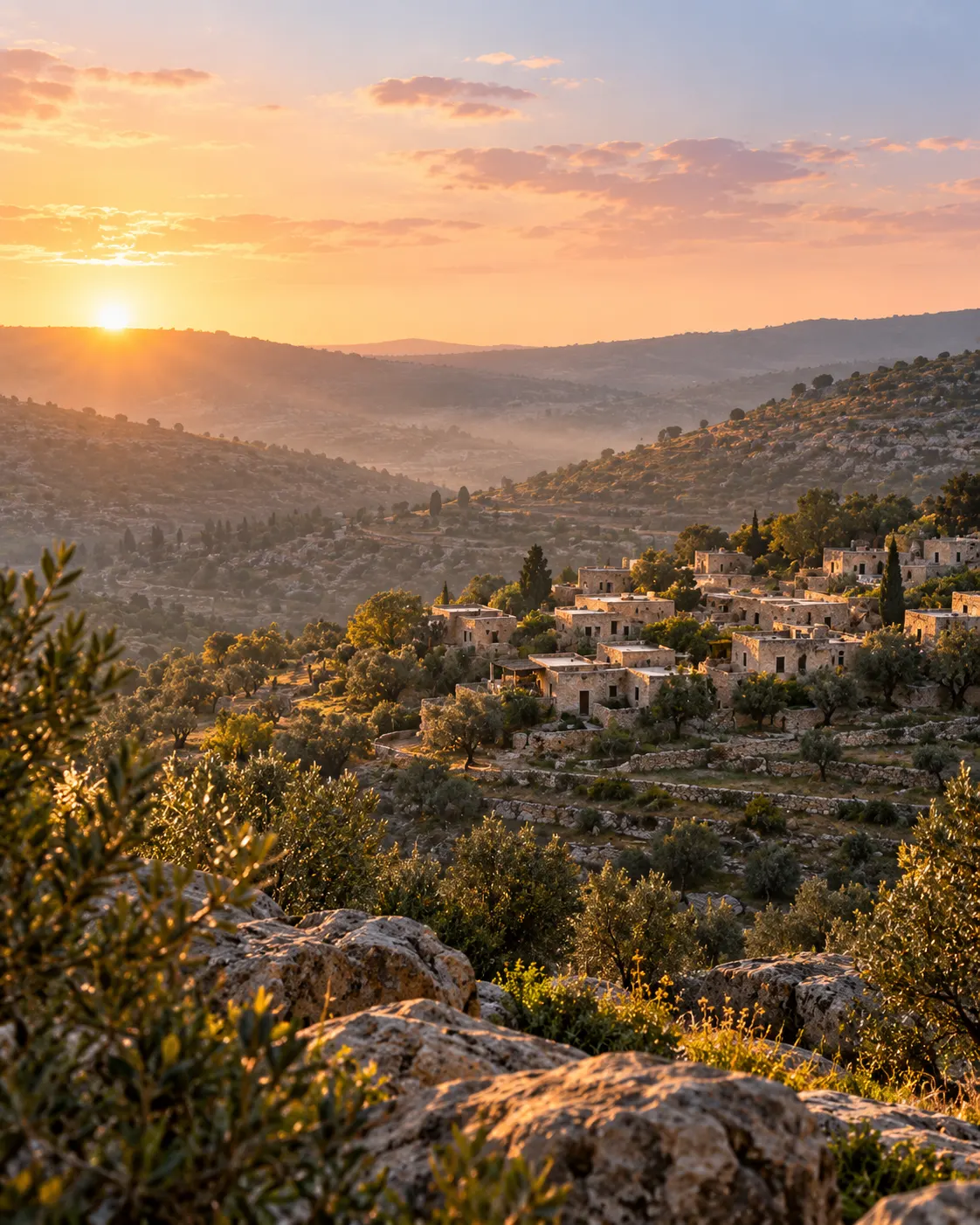 Early morning light over terraced limestone hills and a small village in Galilee.