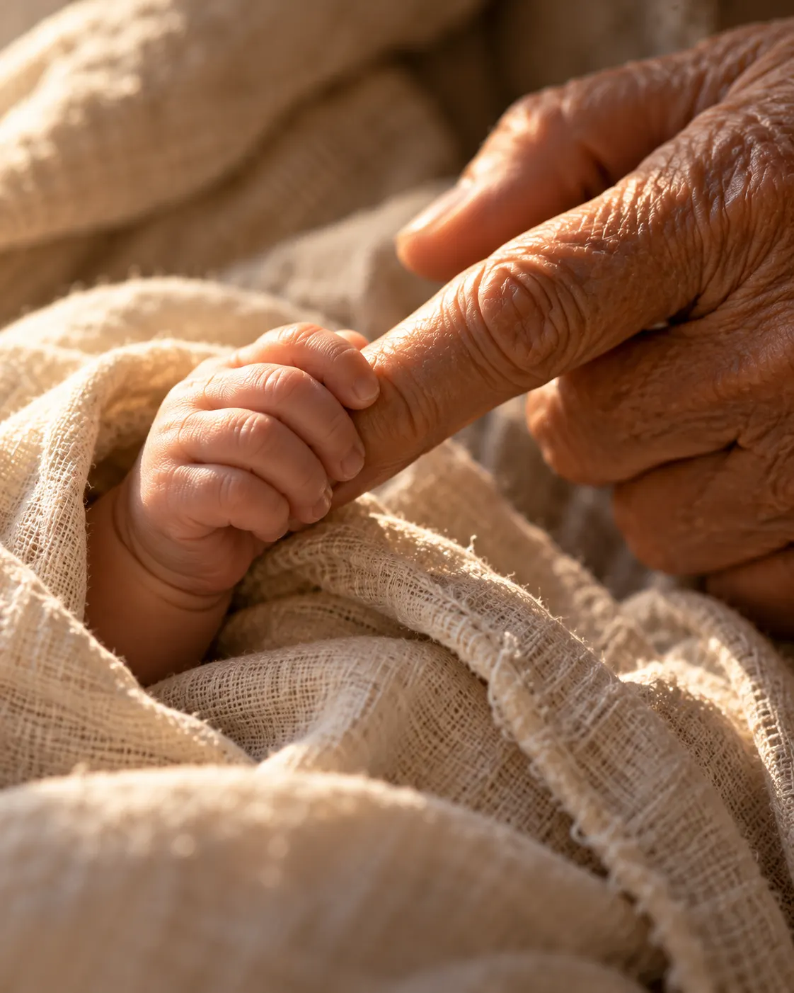 A newborn’s tiny hand gripping an elderly finger.
