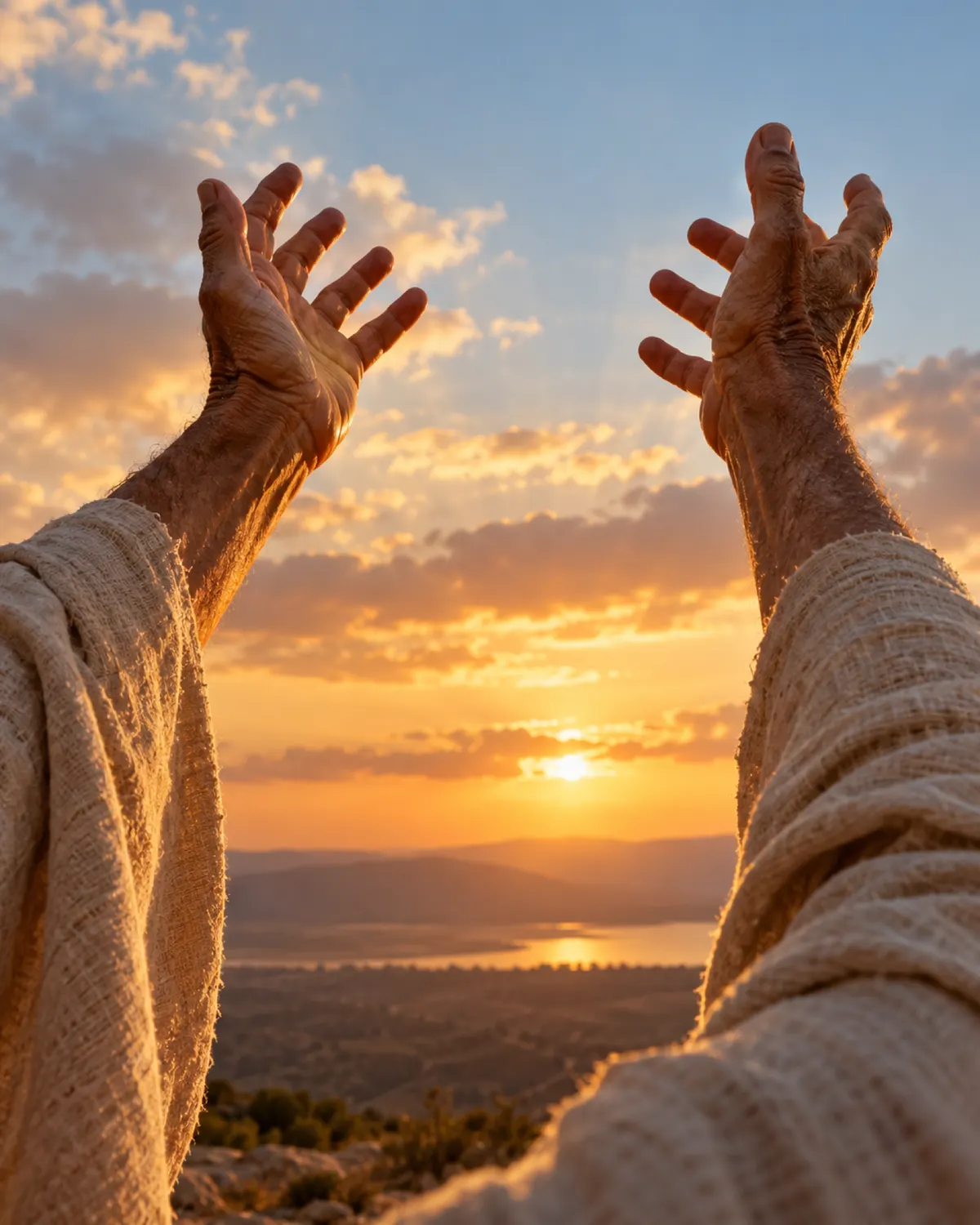 An old man’s hands raised in praise against a golden evening sky.
