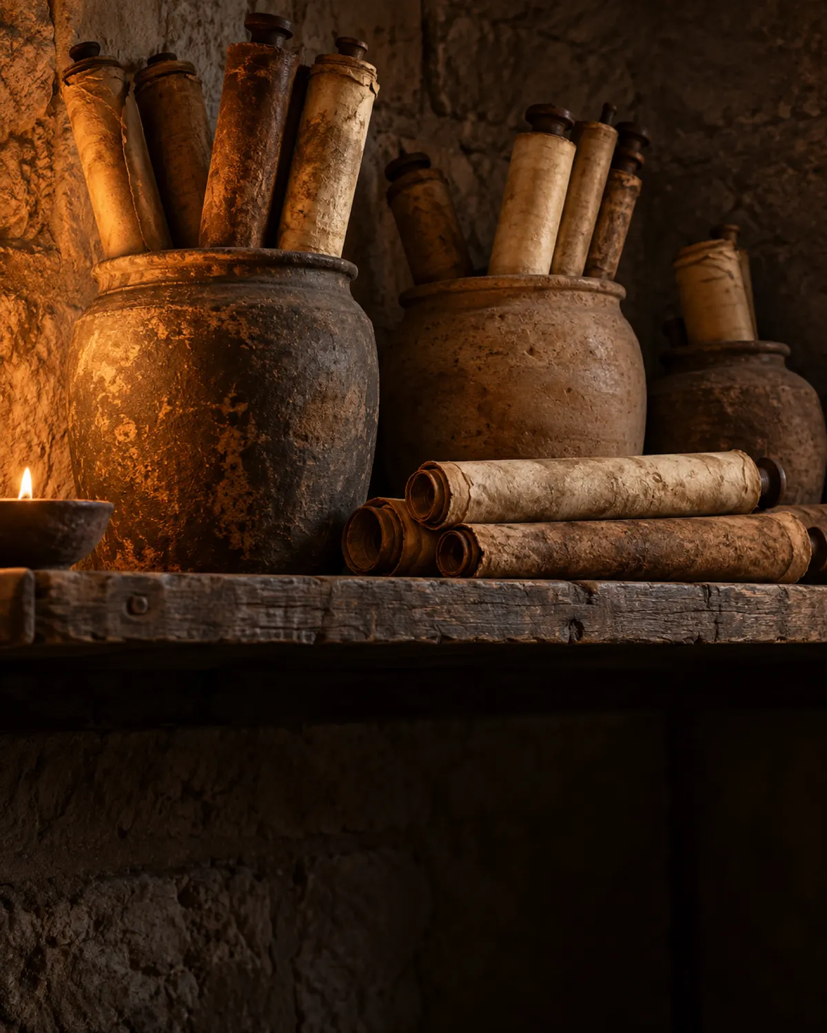 Ancient scrolls resting in clay jars, lit by lamplight.