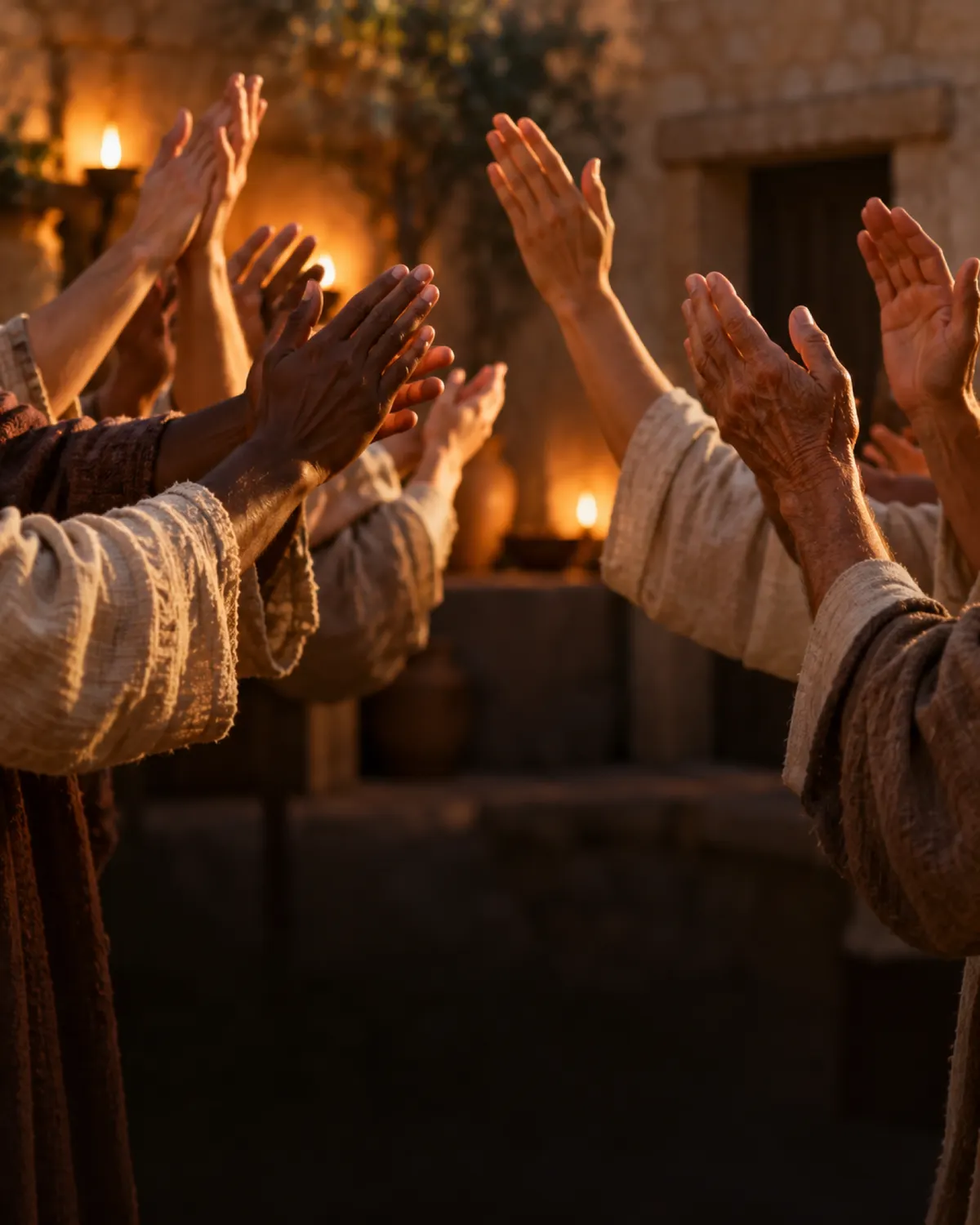 Many hands clapping together in celebration around warm lamplight at an evening gathering.