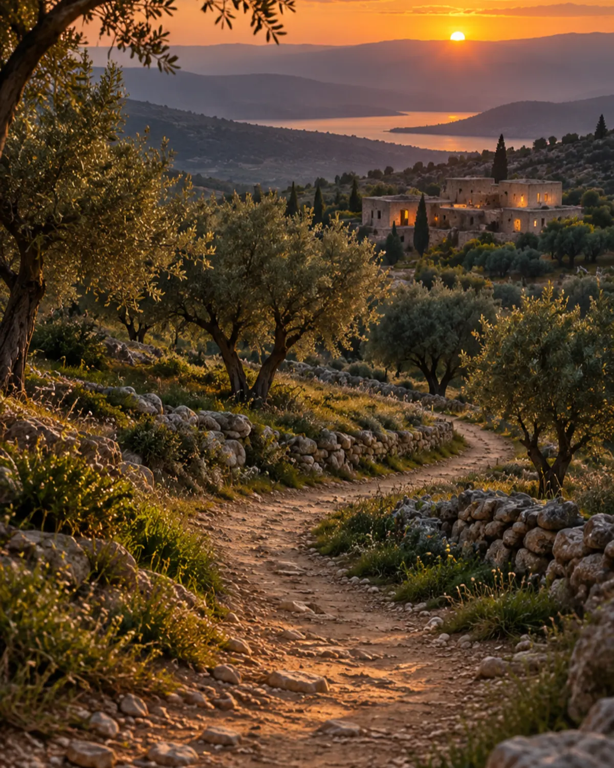 A footpath curving back toward a small village at dusk.
