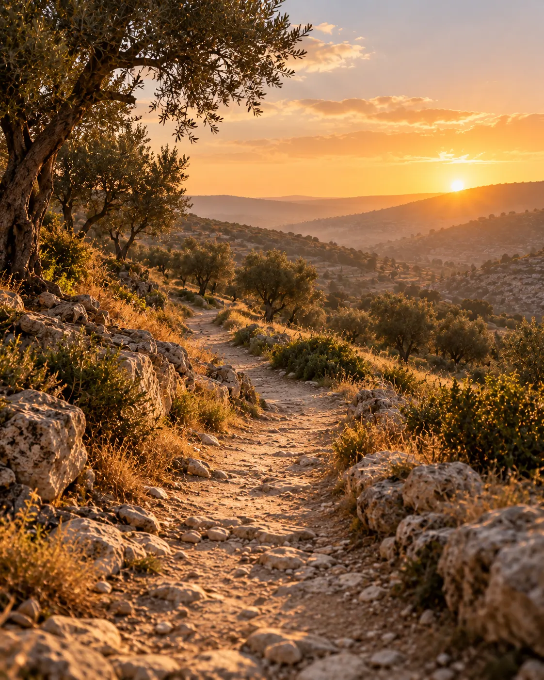 A footpath winding through the Judean hills toward the morning sun.