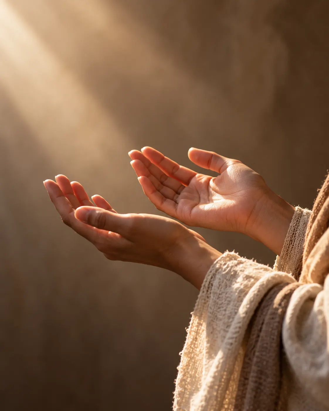 Open hands held upward, palms receiving soft light.