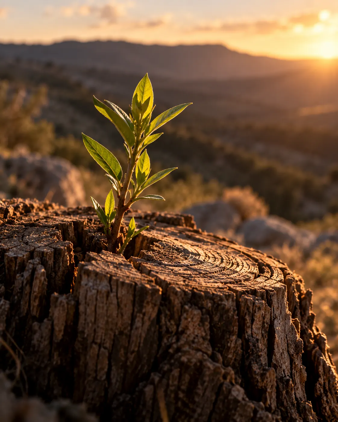 A fresh green shoot growing from an old cut tree stump.
