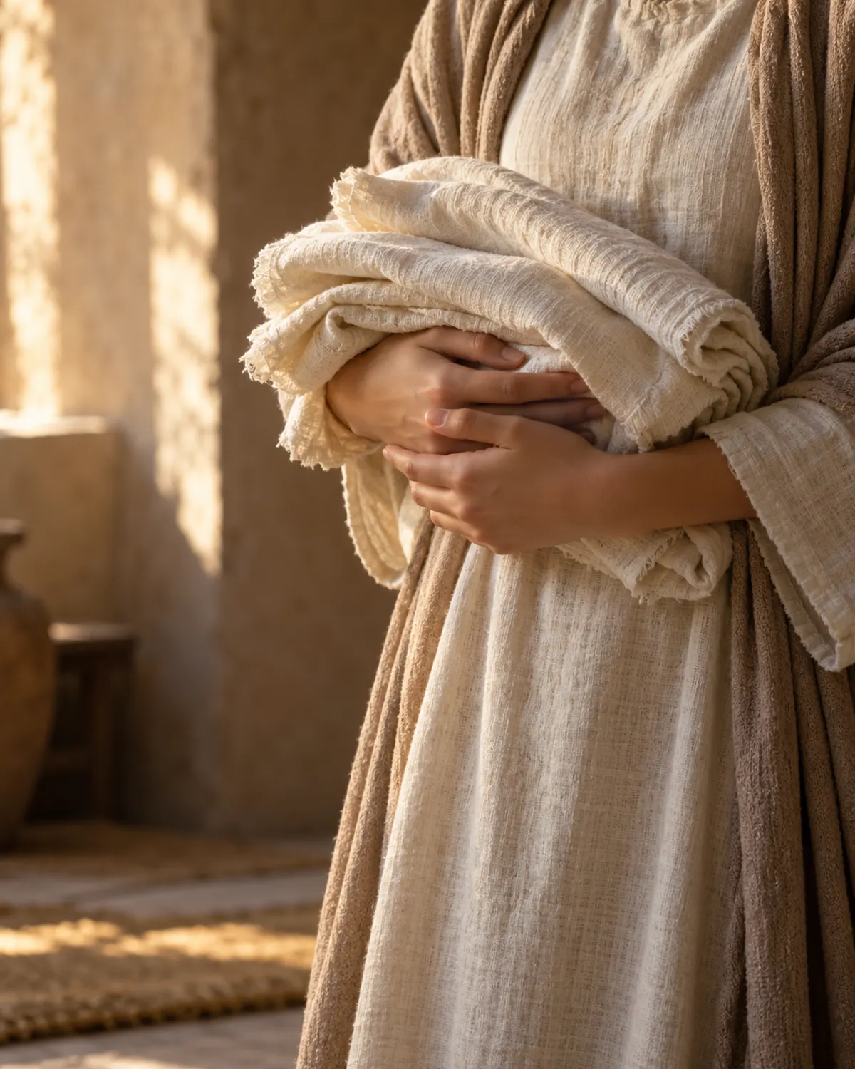 A young woman’s hands holding a folded linen swaddling cloth.