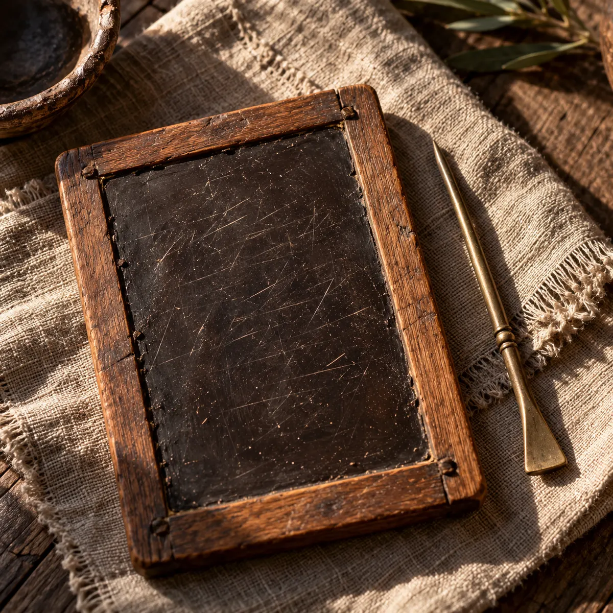 An ancient wooden writing tablet with a wax surface and a stylus.