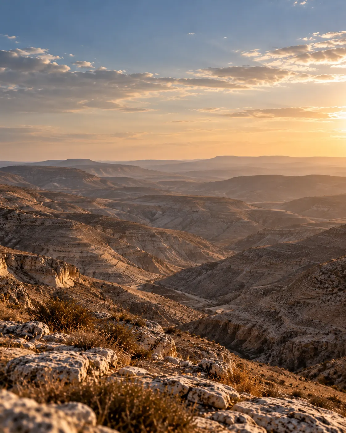 A vast, empty wilderness of rocky hills under a wide sky.