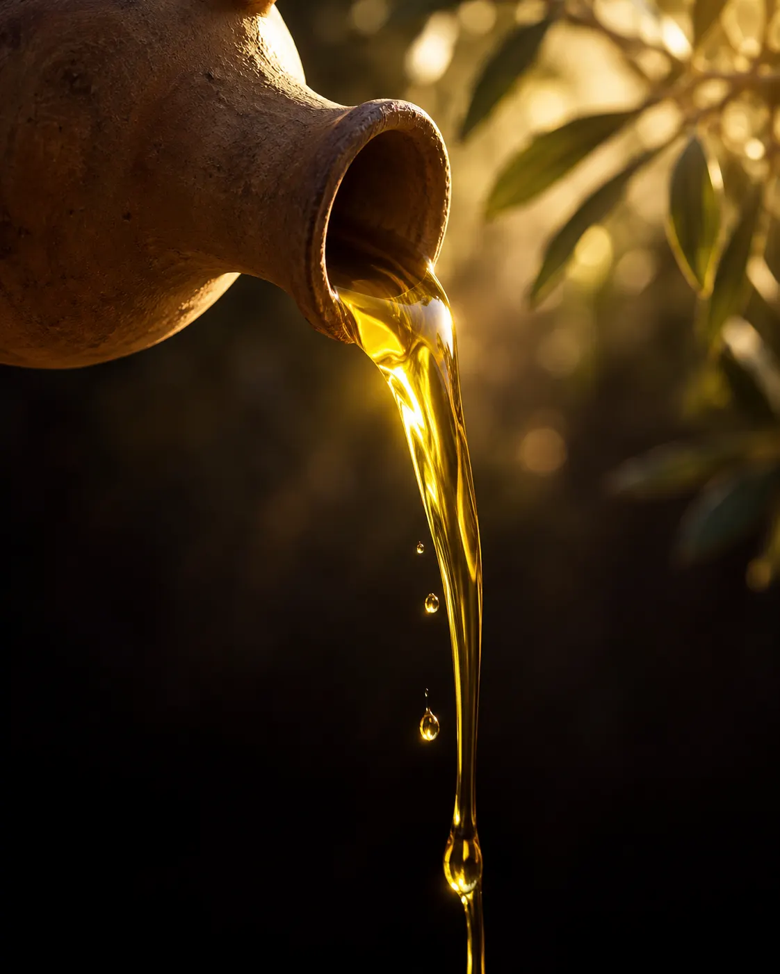 Golden olive oil pouring from a clay flask, glowing in the light.