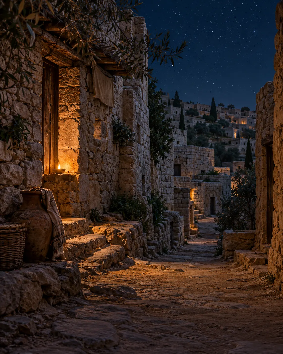A narrow stone lane in a small village at night, lit by one oil lamp.