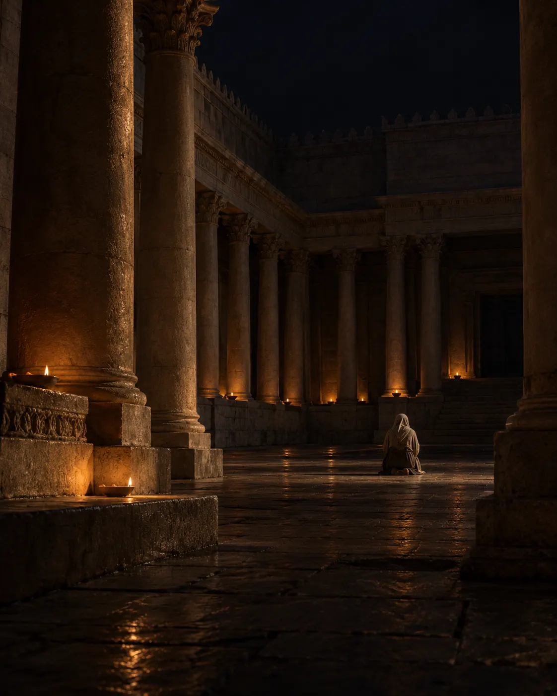 A woman kneeling in prayer in a lamplit stone colonnade at night.