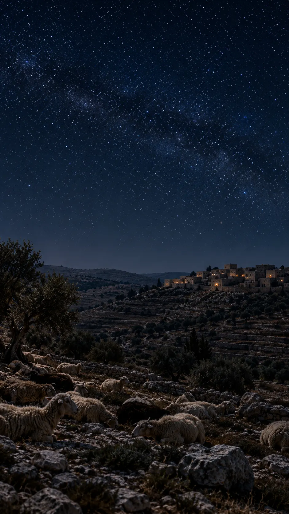Stars over dark fields and a small hilltop village at night.