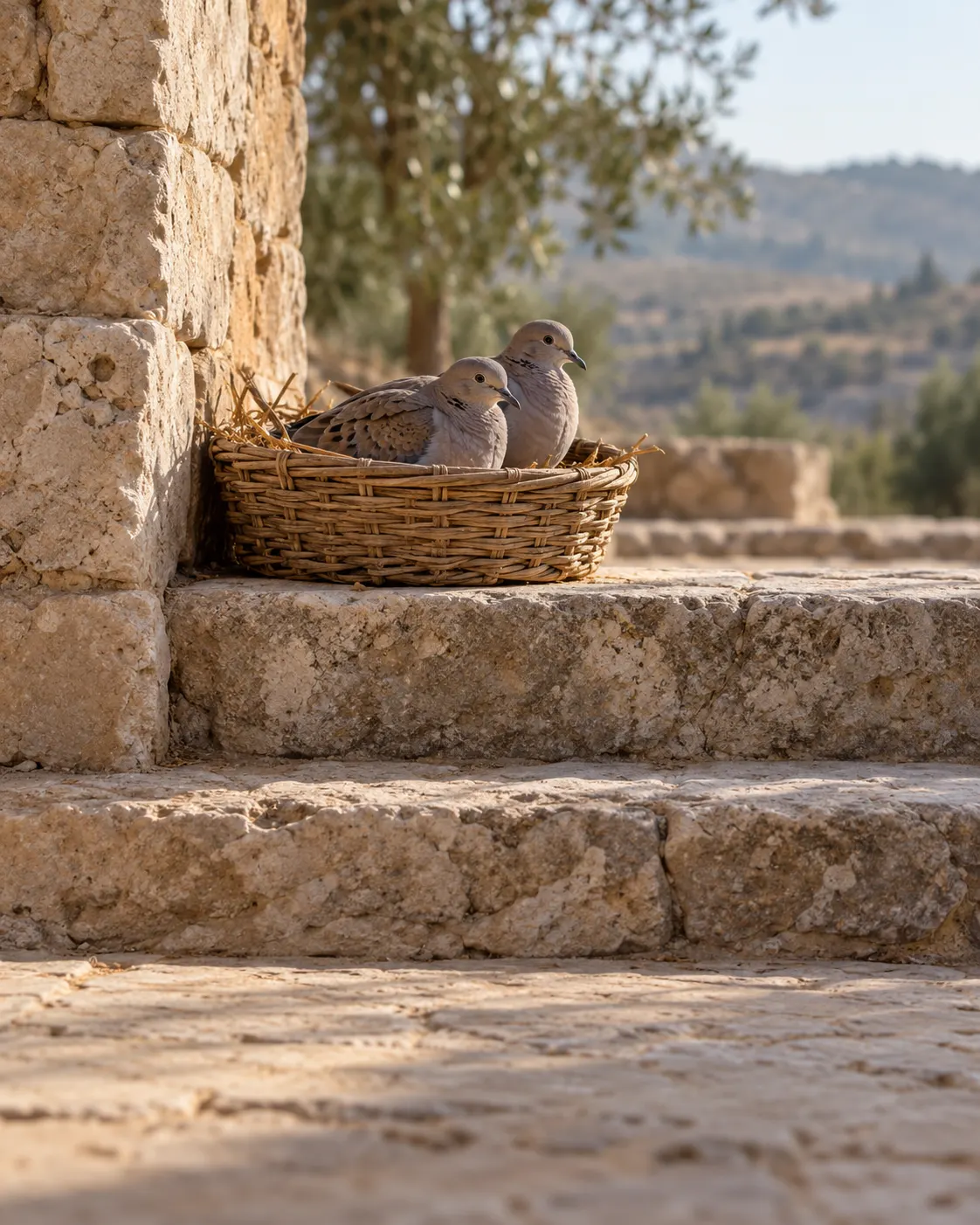 Two turtledoves in a simple woven basket on worn limestone steps.