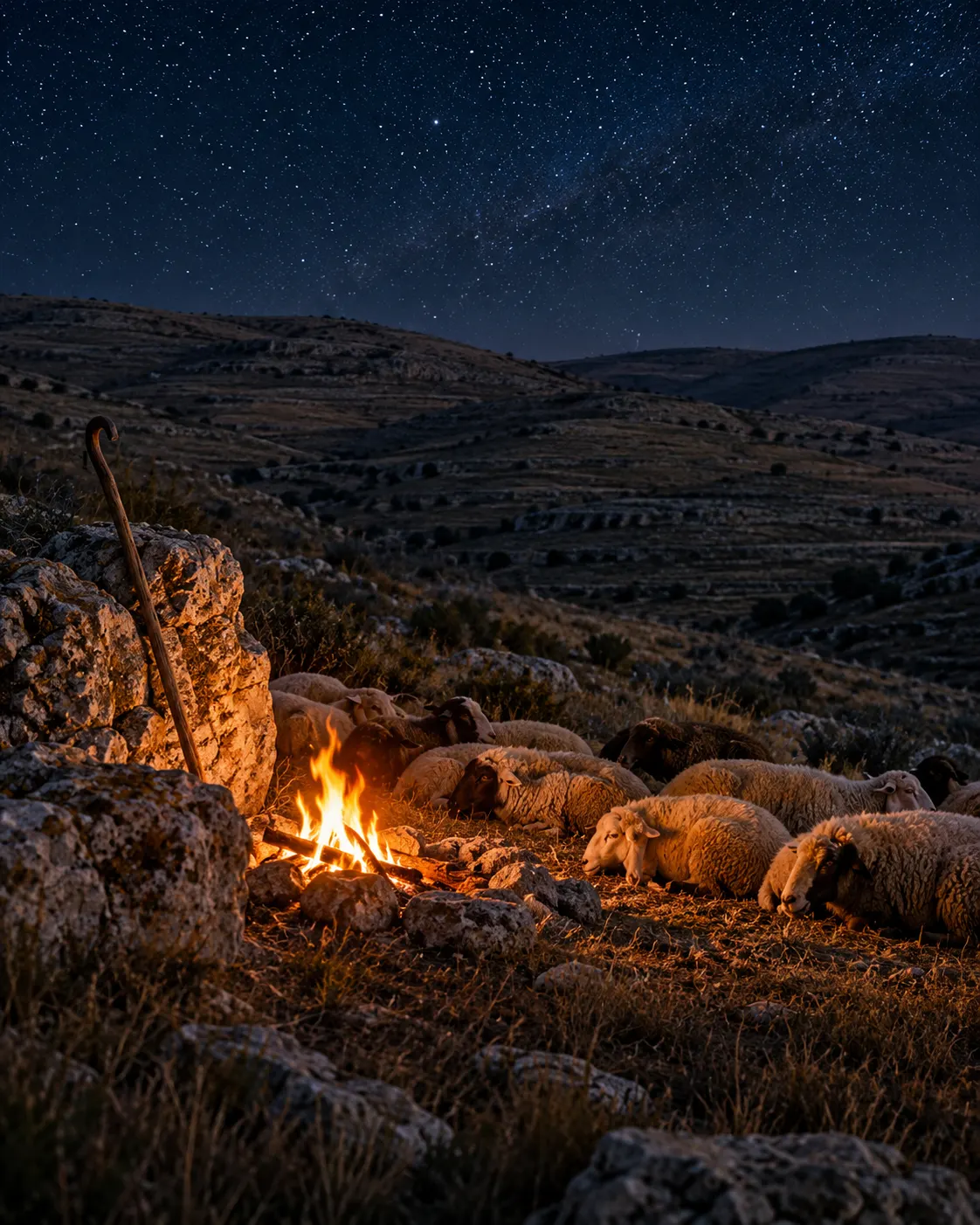 Sheep resting on a dark hillside beside a small fire under the stars.