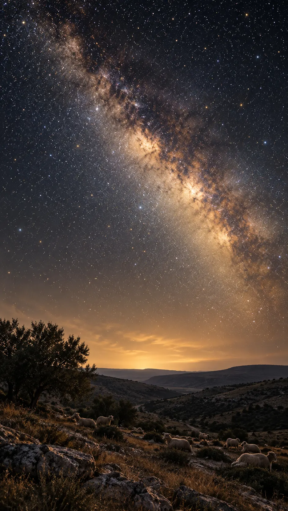 A night sky blazing with light and stars above dark hills.