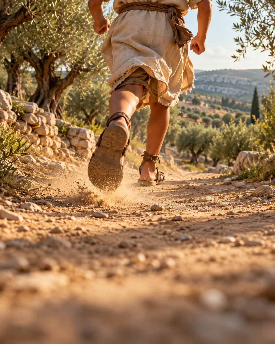 A young boy’s sandaled feet running along a dirt path through olive trees.