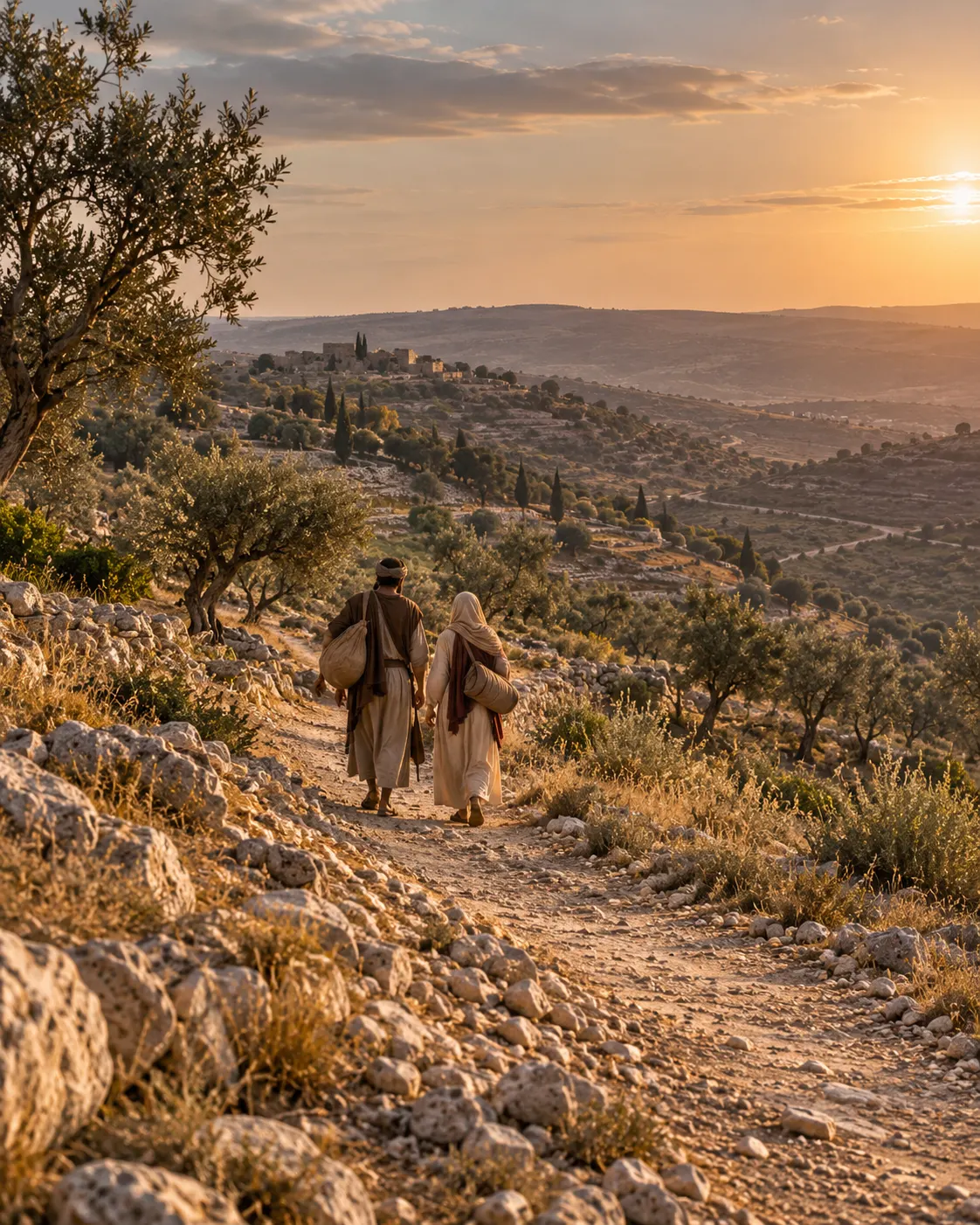 Two travelers walking a rocky path through the hills.