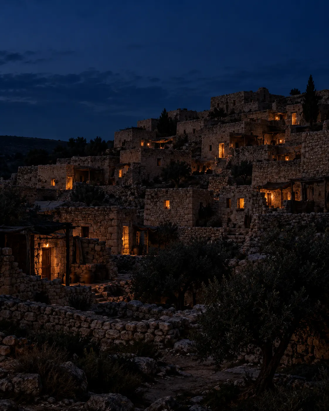 Lamplit windows glowing across a hillside town at dusk.
