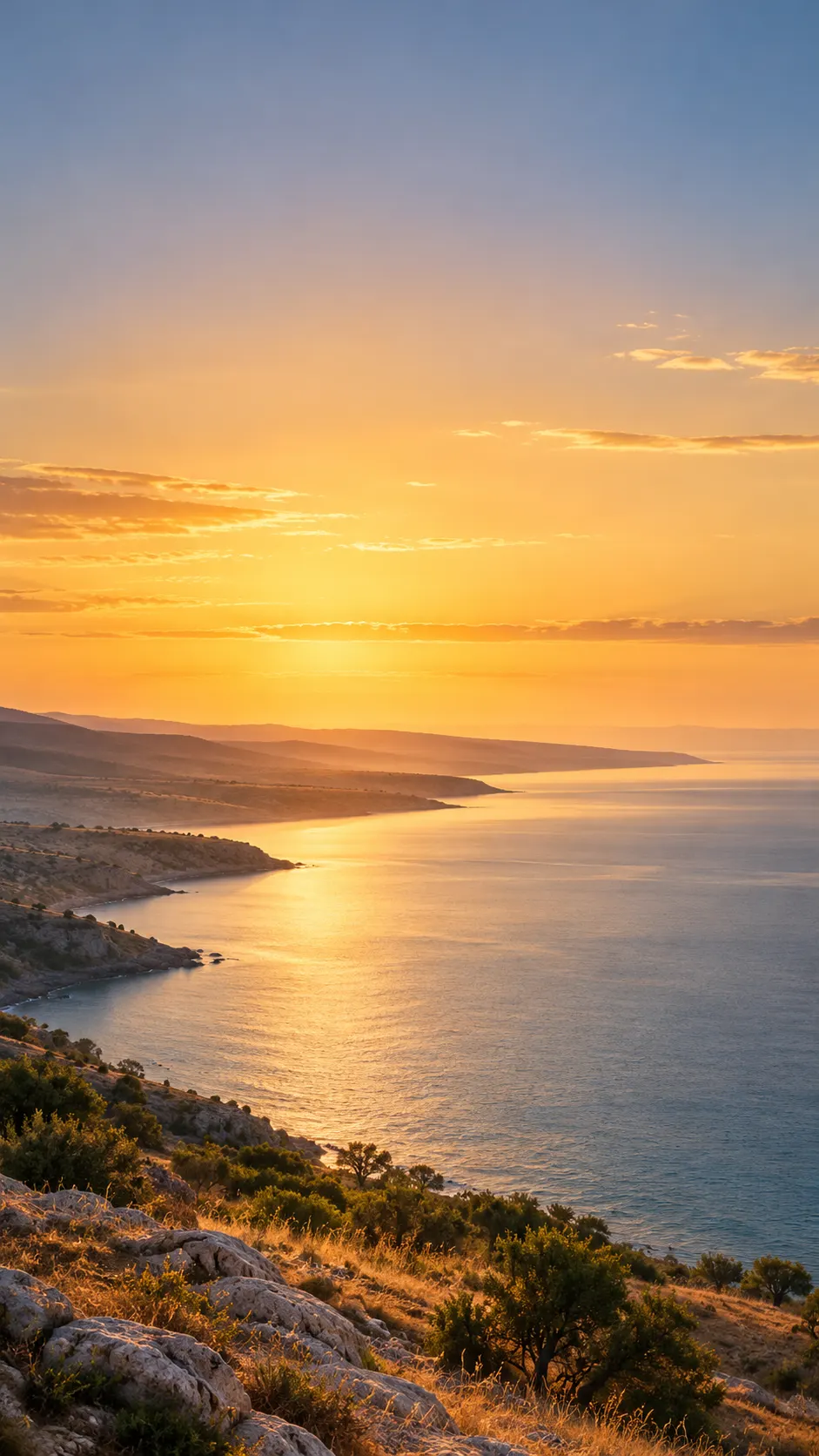 First light spreading across the sea and a long coastline.