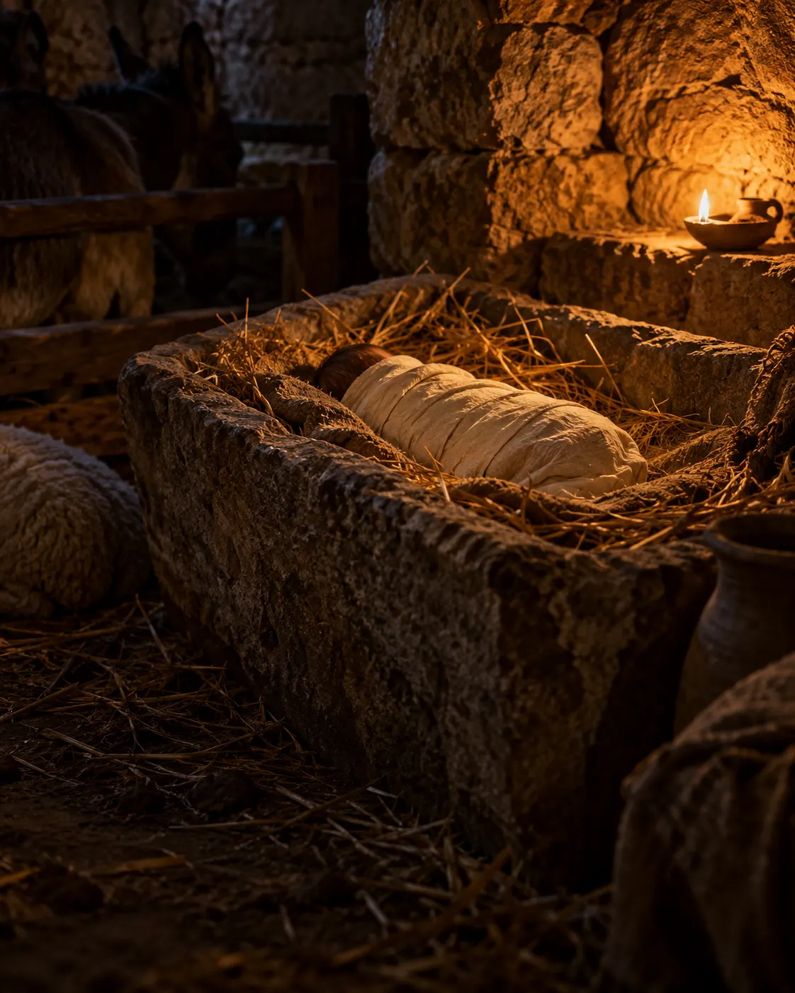 A newborn wrapped in linen cloths, lying in a stone manger lined with straw.