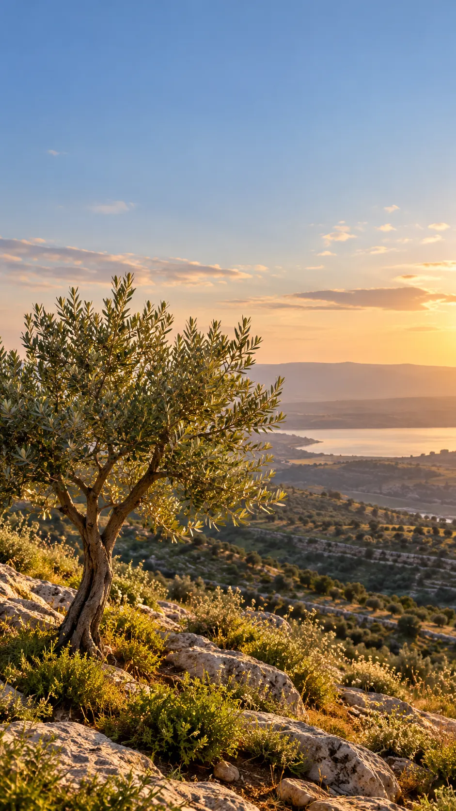 A young olive tree growing strong in sunlight on a hillside.