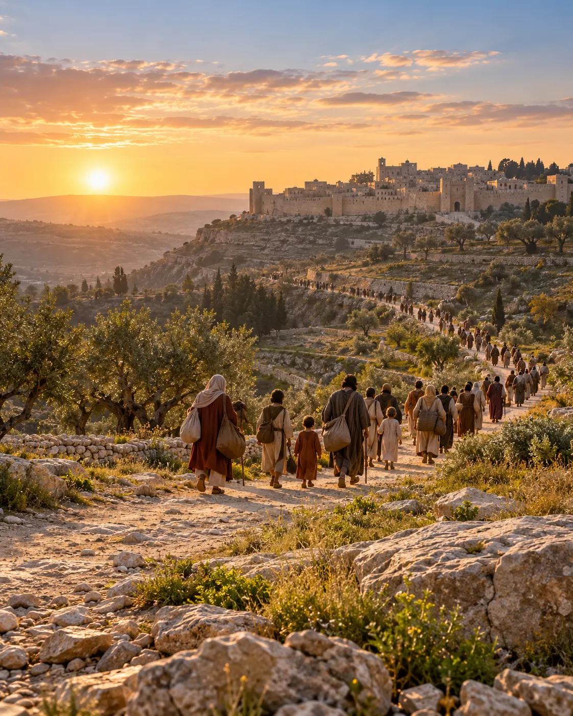A long line of pilgrims walking a road through the hills toward a walled city.