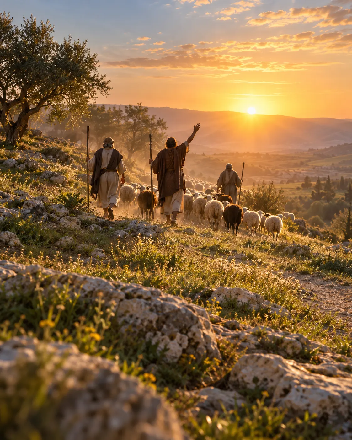 Shepherds and their flock walking a hillside path toward the sunrise.