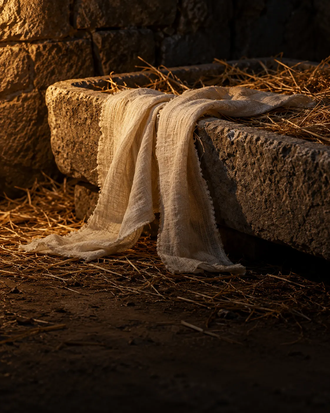 Linen swaddling bands draped over the edge of a stone manger filled with straw.