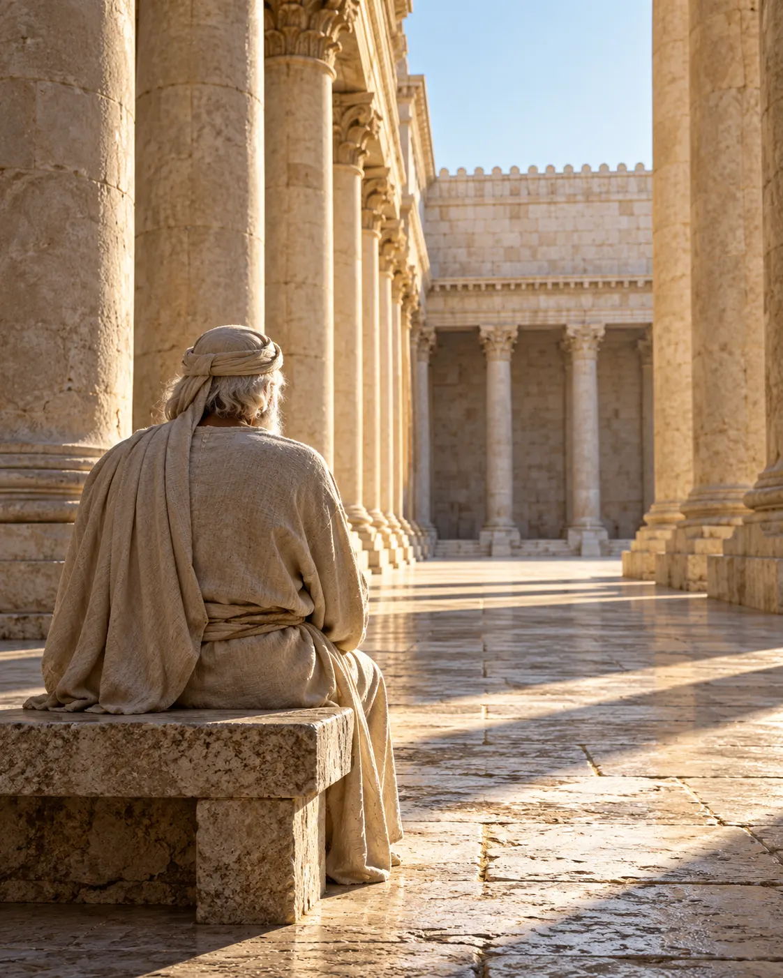 An elderly man seen from behind, waiting in a sunlit stone colonnade.