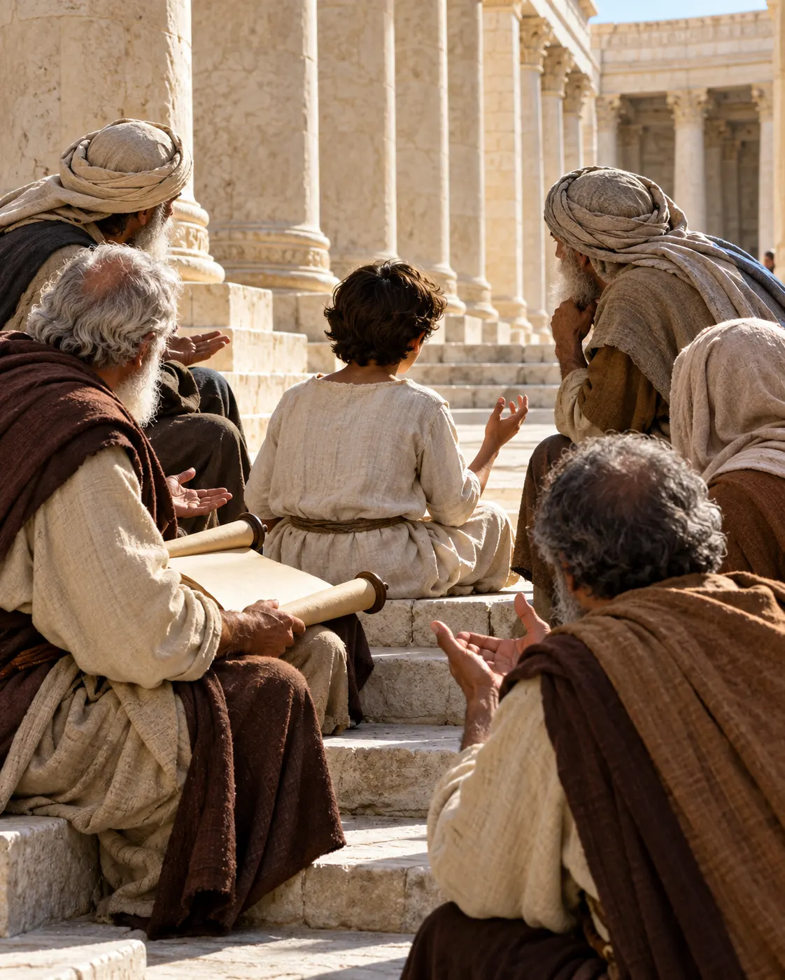 A boy seen from behind, sitting among elderly teachers in the temple courts.