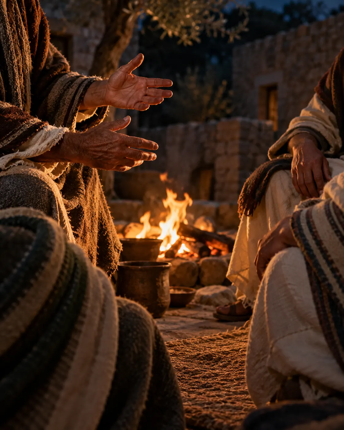 A shepherd’s rough hands gesturing as he tells his story by firelight, with listeners leaning in.
