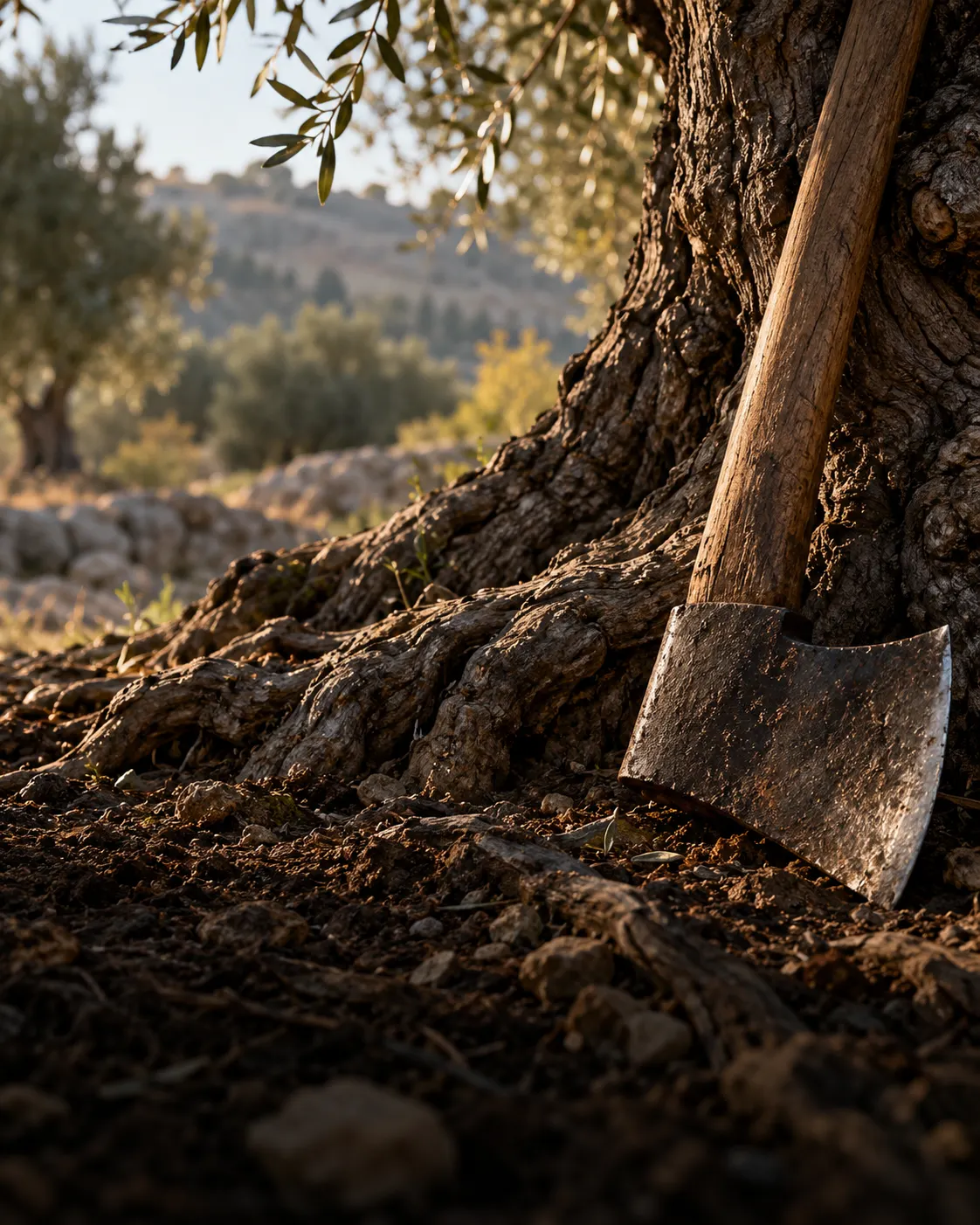An old iron axe resting against the roots of a tree.