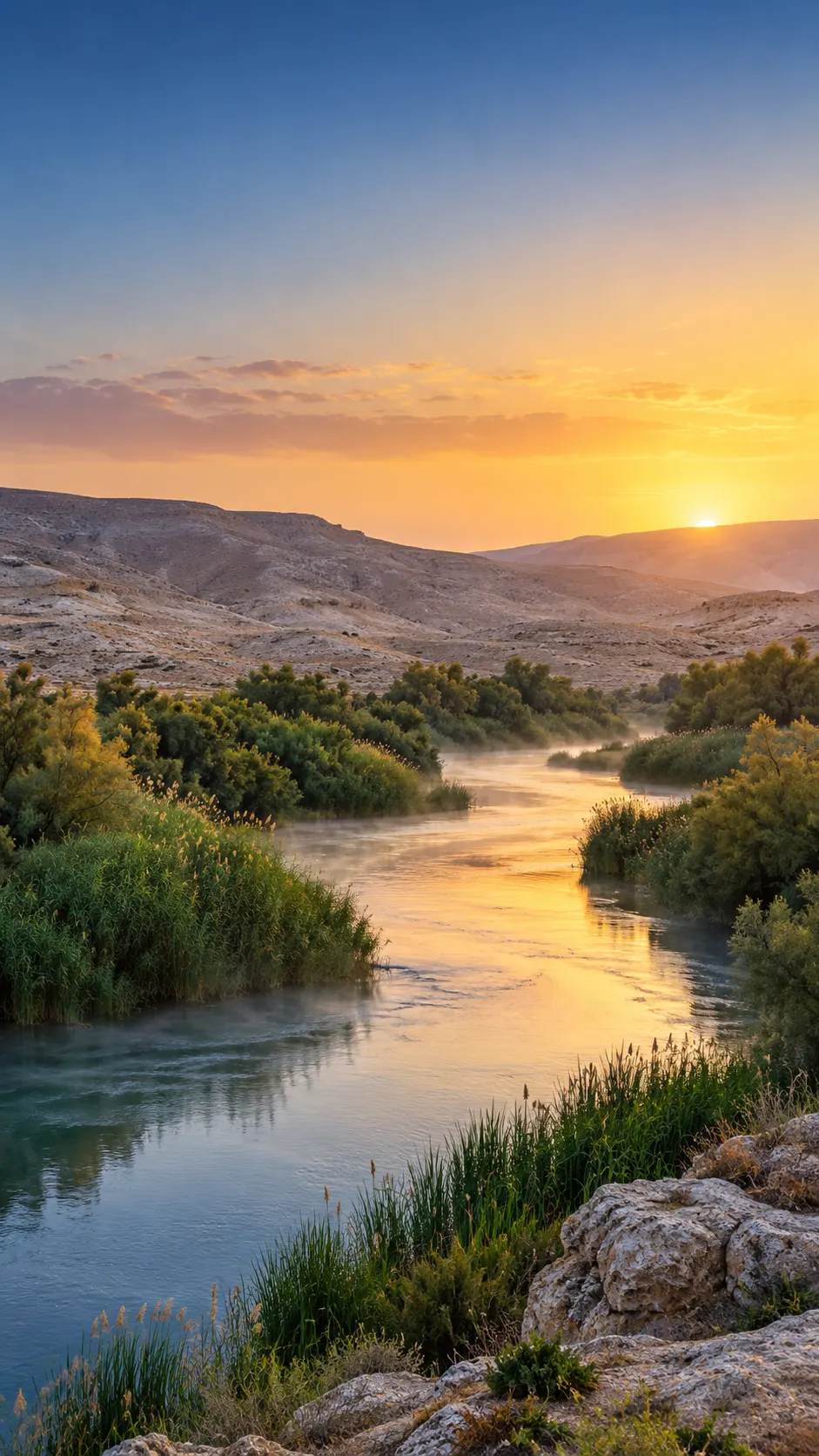 The Jordan River winding through the wilderness at dawn.