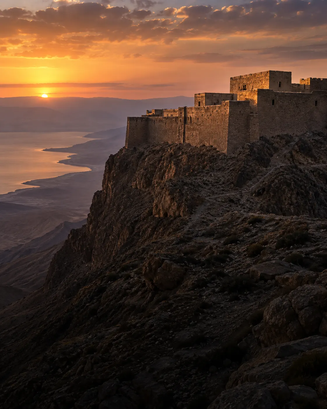 A stone fortress on a bare hilltop above the Dead Sea at dusk.