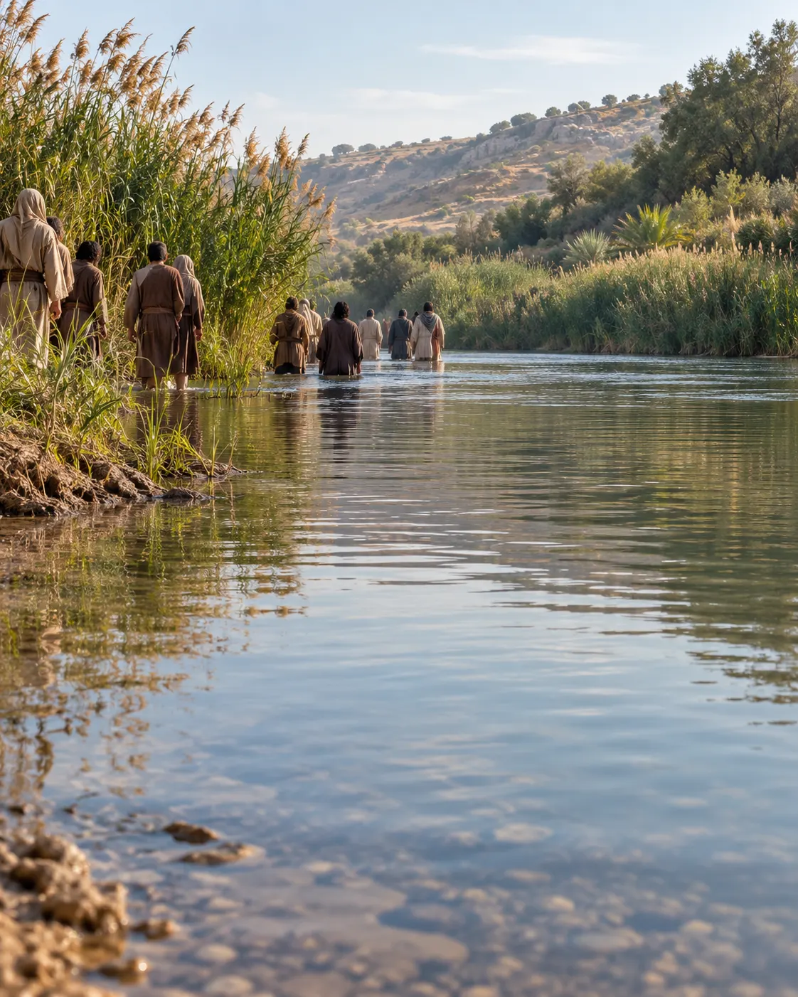 A shallow river ford edged with reeds, with small figures wading in the distance.