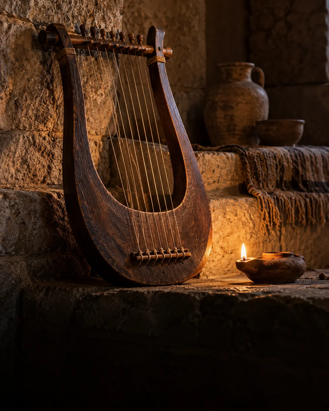An ancient wooden lyre resting on a stone ledge in lamplight.