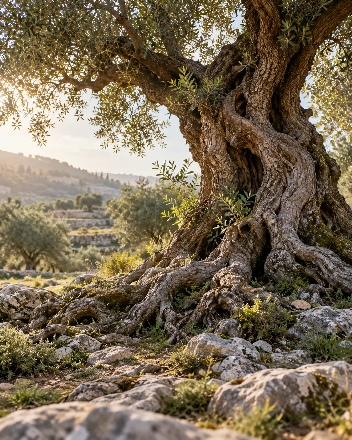 An ancient olive tree with a massive twisted trunk and deep roots.