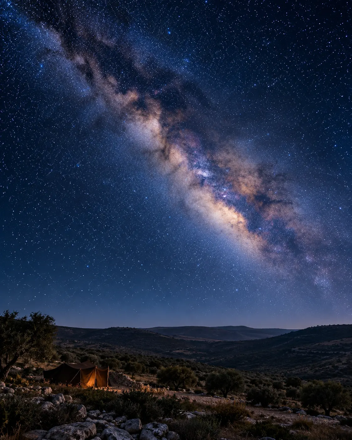 A sky full of countless stars above dark rolling hills.